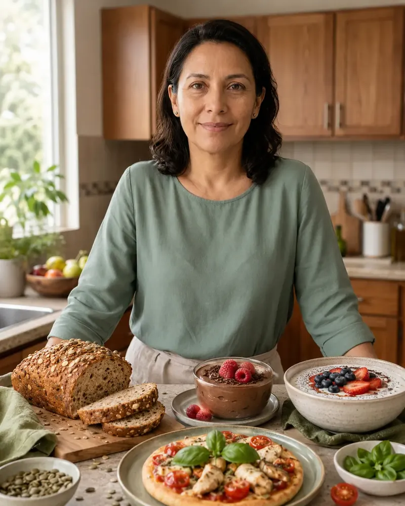 Mujer en su cocina con pan casero, mousse de chocolate y bowl de yogur con frutos rojos
