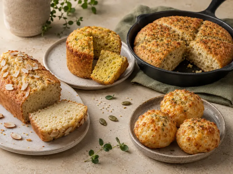 Pan de molde, muffin salado y panecillos de queso recién horneados