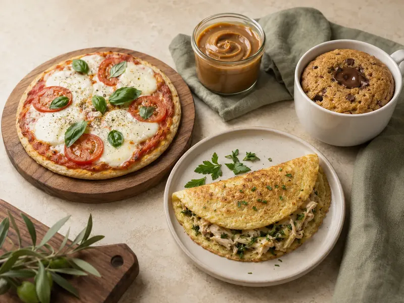 Pizza, omelette relleno, dulce de leche y cookie en taza