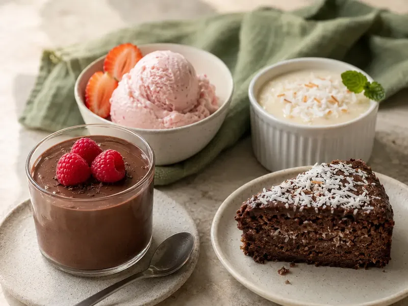 Mousse de chocolate, helado de fresa, pudín de coco y torta